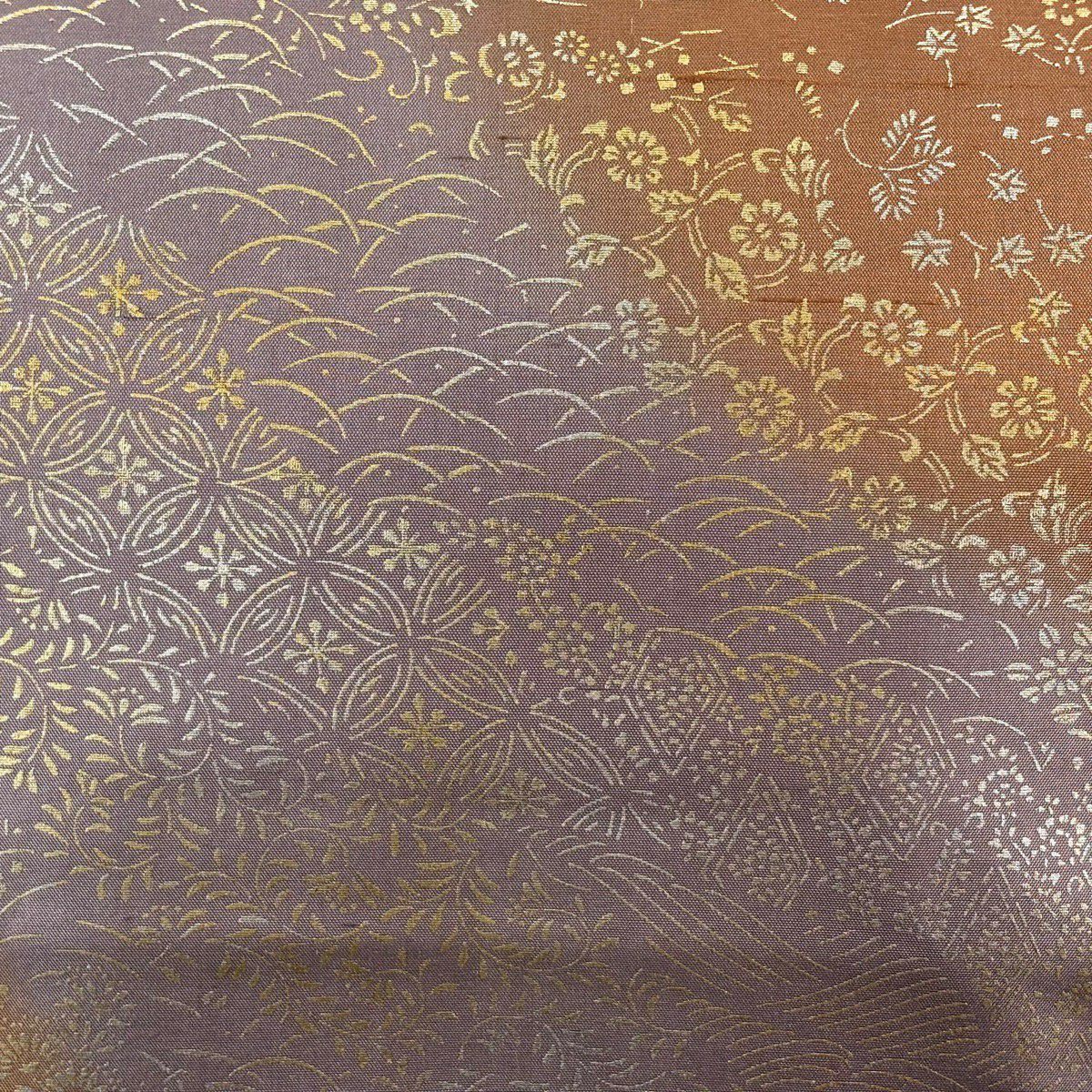 【美品】 袋帶 秀品級 紬織織 草花紋紋 七寶紋 金銀彩 灰紫 全通 純蠶絲