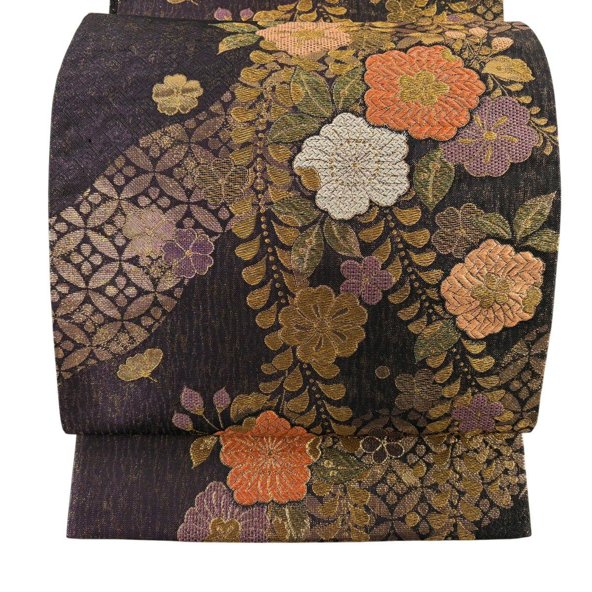 【美品】 袋帶 秀品級 草花紋紋 七寶紋 刺繡 金銀彩 紫 六通 純蠶絲