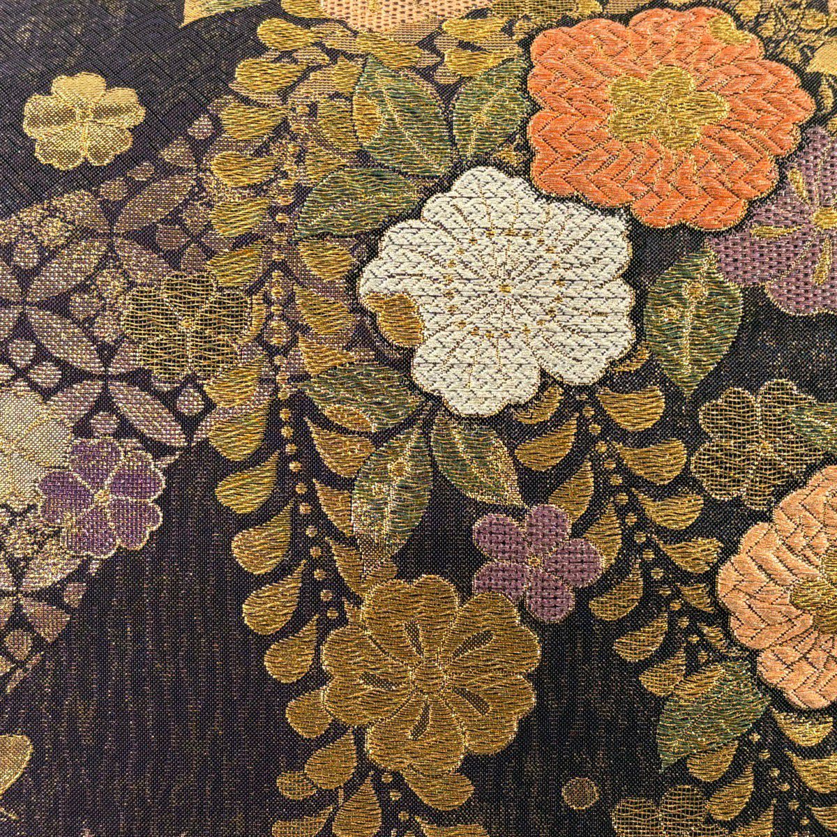【美品】 袋帶 秀品級 草花紋紋 七寶紋 刺繡 金銀彩 紫 六通 純蠶絲