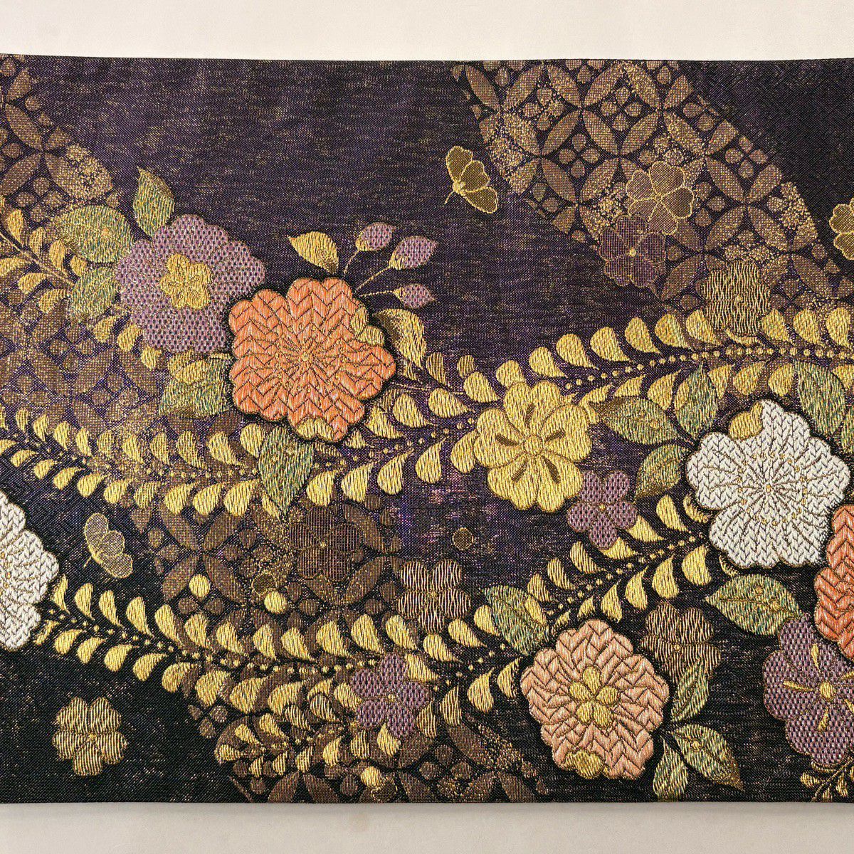 【美品】 袋帶 秀品級 草花紋紋 七寶紋 刺繡 金銀彩 紫 六通 純蠶絲