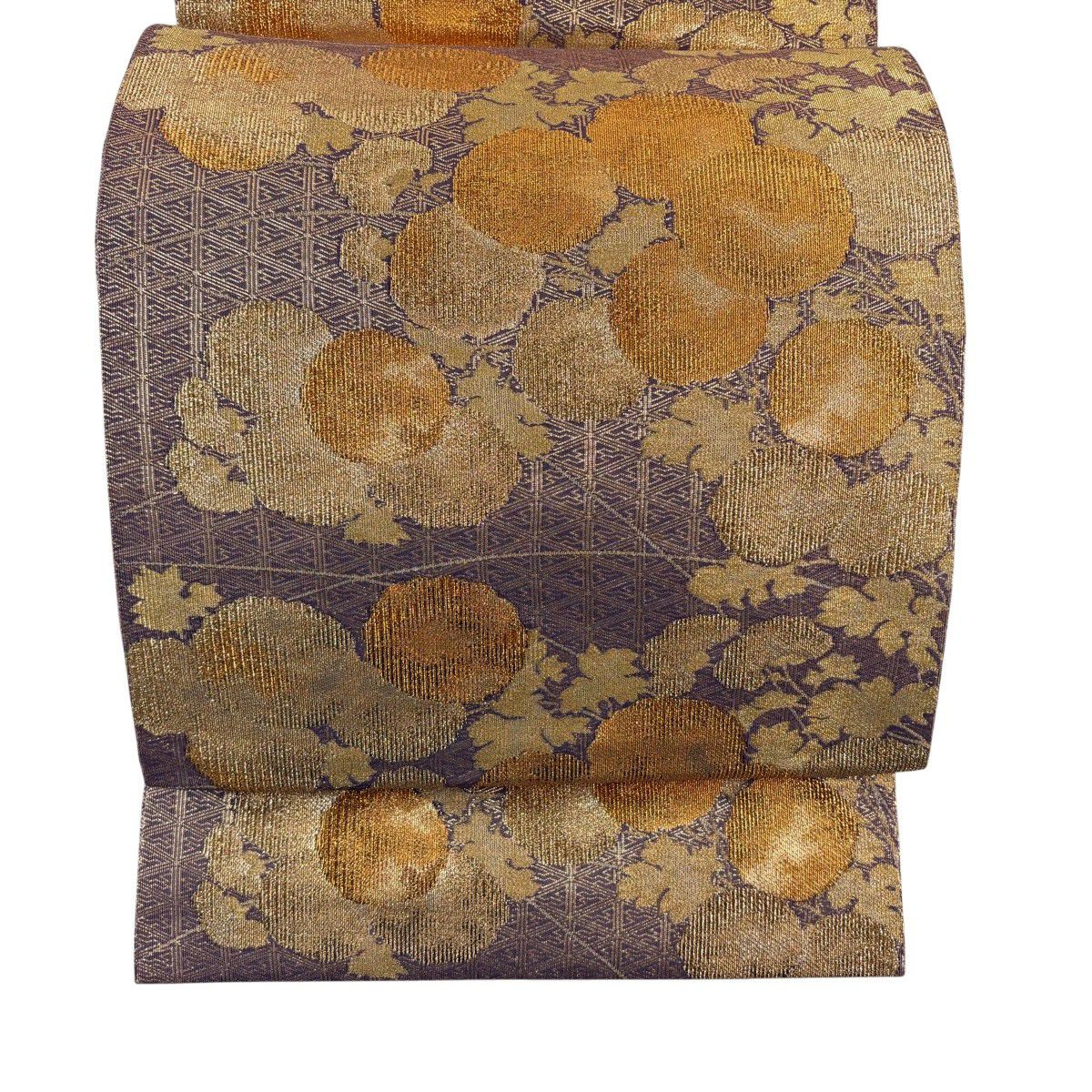 【美品】 袋帶 秀品級 萬壽菊花 幾何學圖案 金絲 金金箔 紫色 六通 純蠶絲