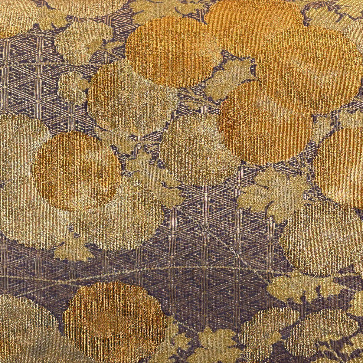 【美品】 袋帶 秀品級 萬壽菊花 幾何學圖案 金絲 金金箔 紫色 六通 純蠶絲