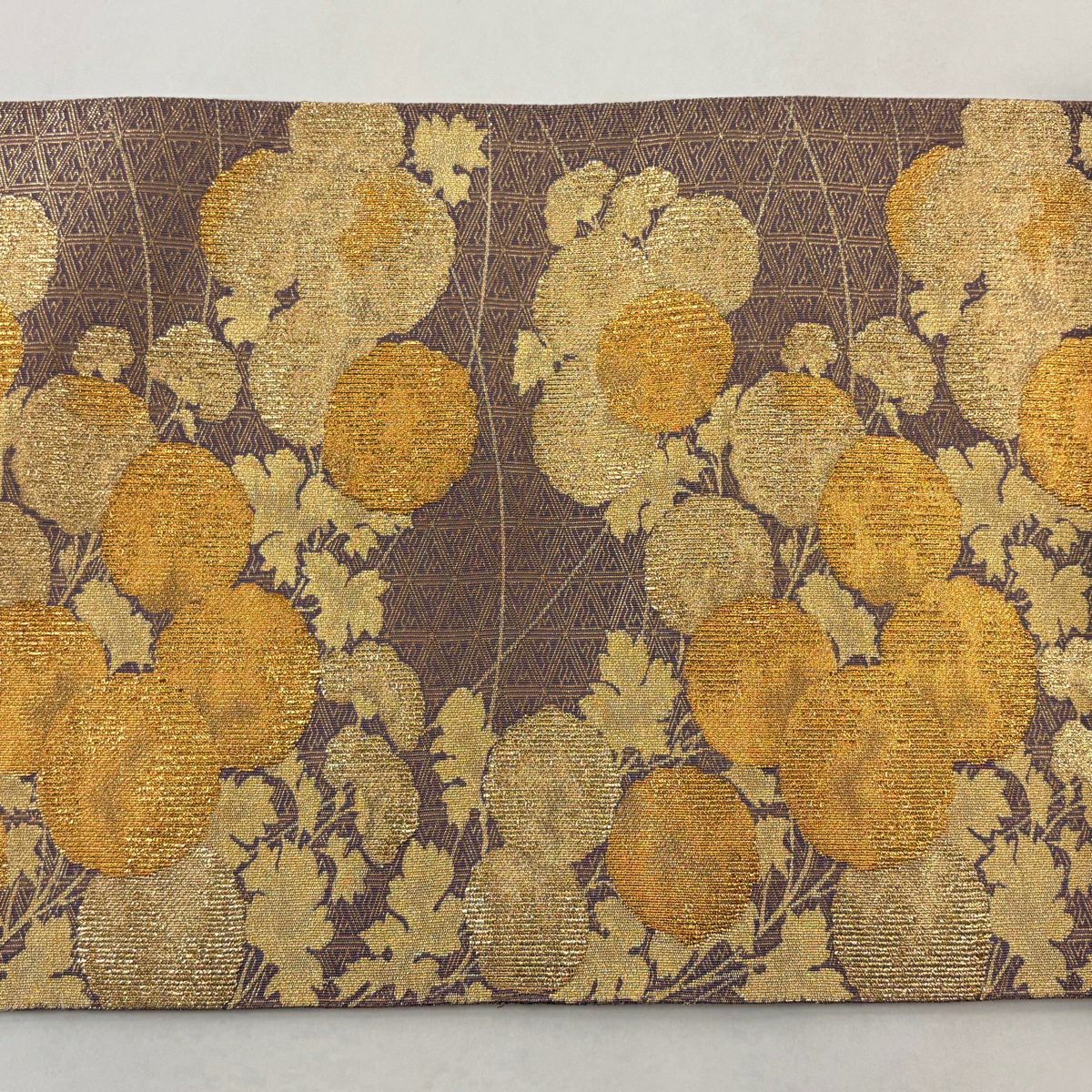 【美品】 袋帶 秀品級 萬壽菊花 幾何學圖案 金絲 金金箔 紫色 六通 純蠶絲