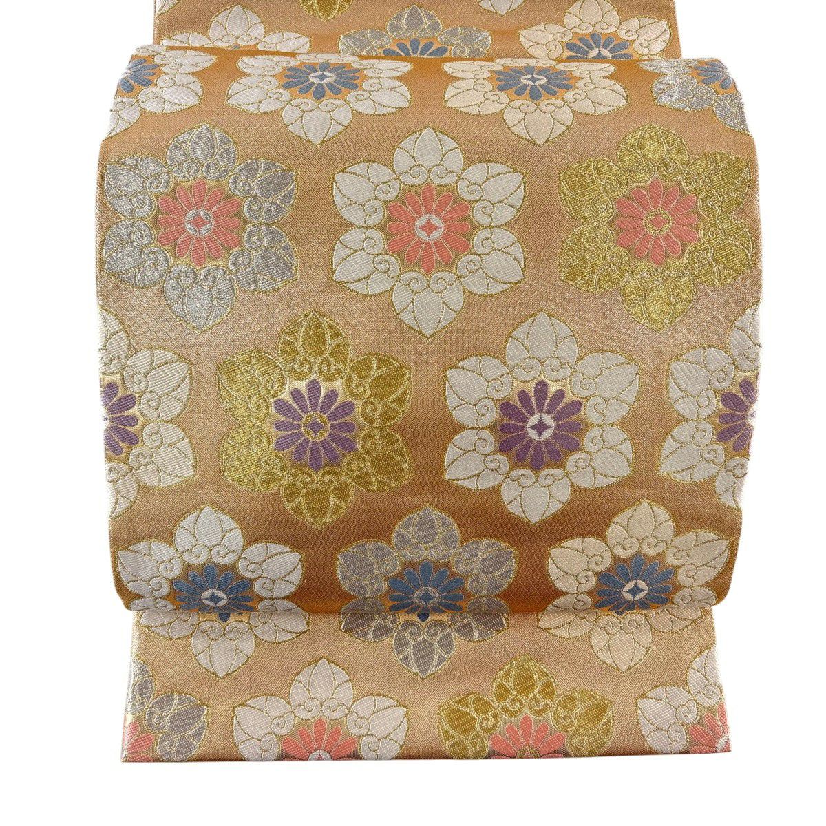 【美品】 袋帶 秀品級 花 葵 刺繡 金銀彩 薄茶 六通 純蠶絲