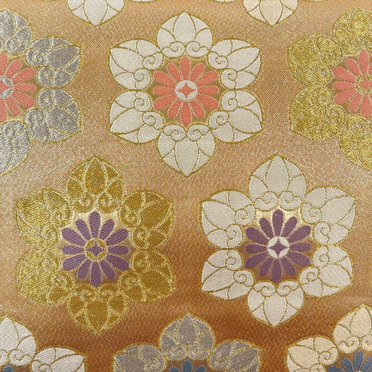 【美品】 袋帶 秀品級 花 葵 刺繡 金銀彩 薄茶 六通 純蠶絲