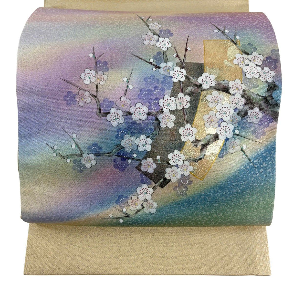 【美品】 袋帶 秀品級 枝梅花 短冊 金銀彩 金金箔 淺紫 お太鼓圖案 純蠶絲