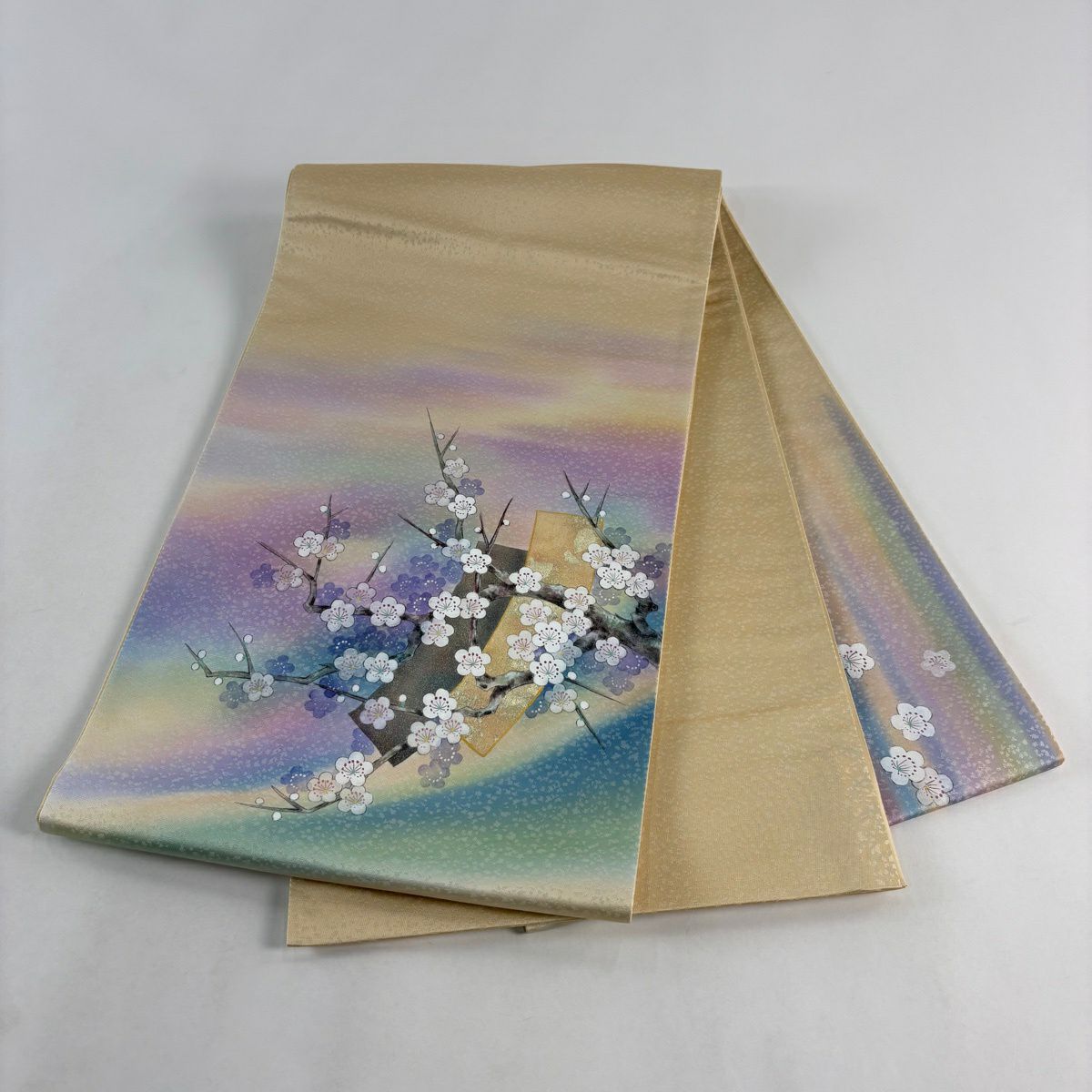 【美品】 袋帶 秀品級 枝梅花 短冊 金銀彩 金金箔 淺紫 お太鼓圖案 純蠶絲