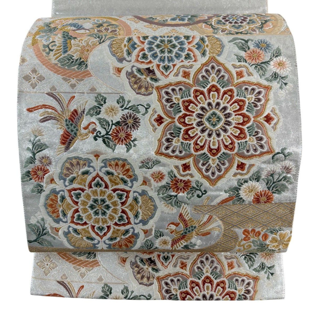 袋帶 秀品級 華紋 花鳥 刺繡 金絲 銀 お太鼓圖案 純蠶絲