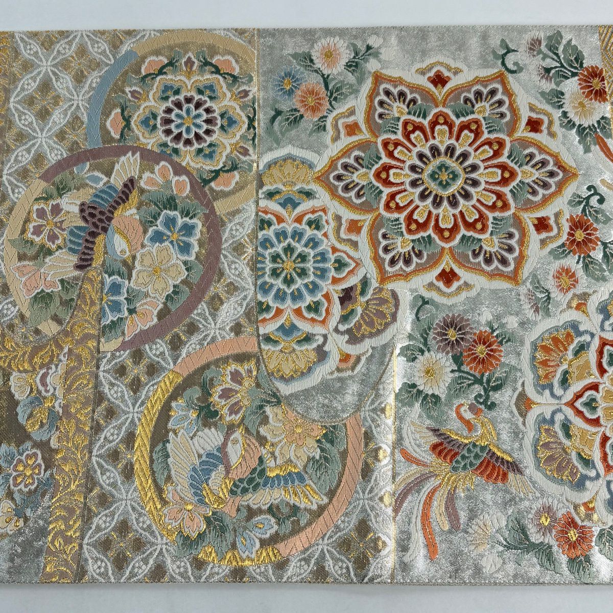 袋帶 秀品級 華紋 花鳥 刺繡 金絲 銀 お太鼓圖案 純蠶絲