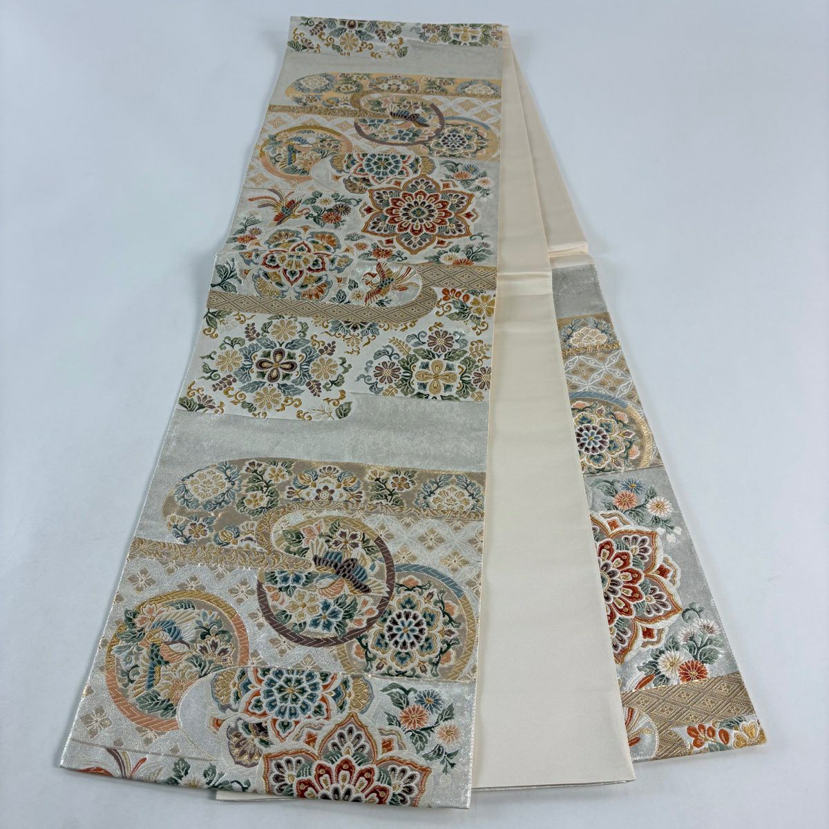 袋帶 秀品級 華紋 花鳥 刺繡 金絲 銀 お太鼓圖案 純蠶絲