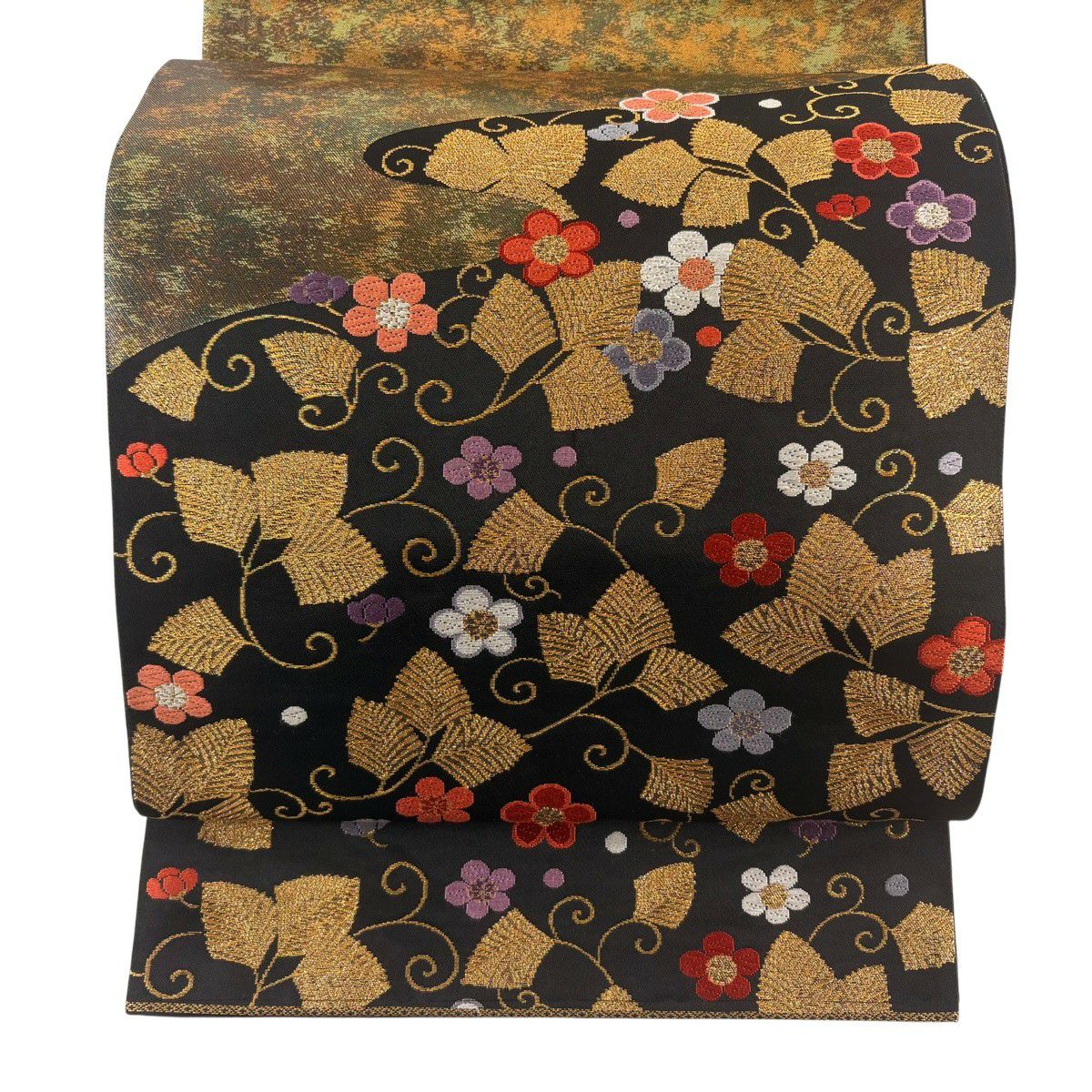 【美品】 袋帶 秀品級 唐草紋花紋 金絲 唐織 黑色 大鼓圖案 純蠶絲