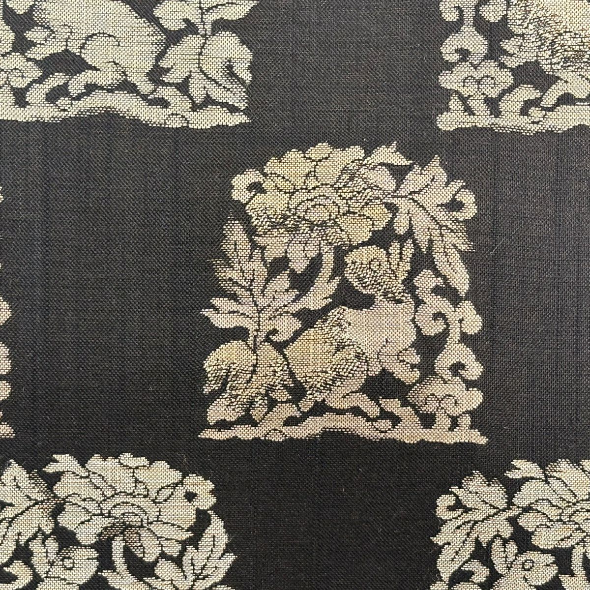 【美品】 袋帶 秀品級 花兔 七寶 金金箔 墨 黑 六通 純蠶絲
