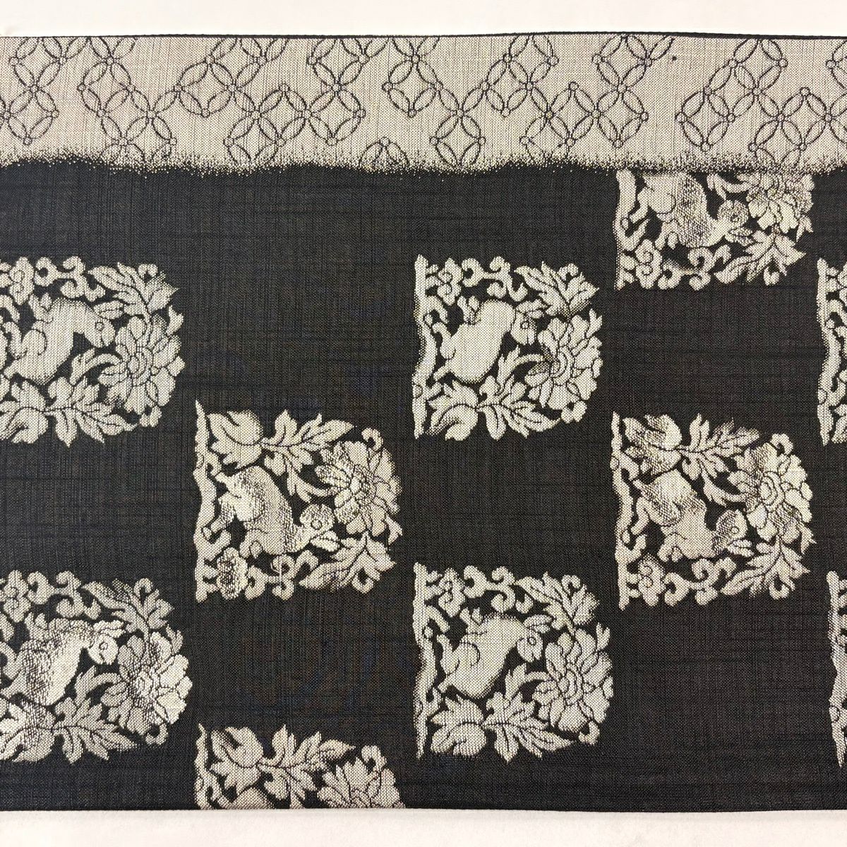【美品】 袋帶 秀品級 花兔 七寶 金金箔 墨 黑 六通 純蠶絲