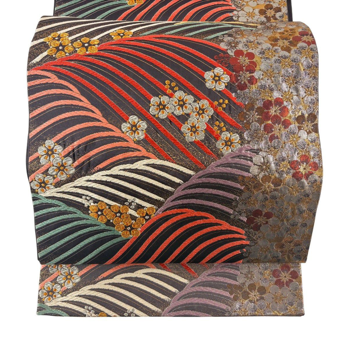 【美品】 袋帶 秀品級 振袖禮服禮服用 波 梅花 金銀絲 唐織 焦茶 六通 純蠶絲