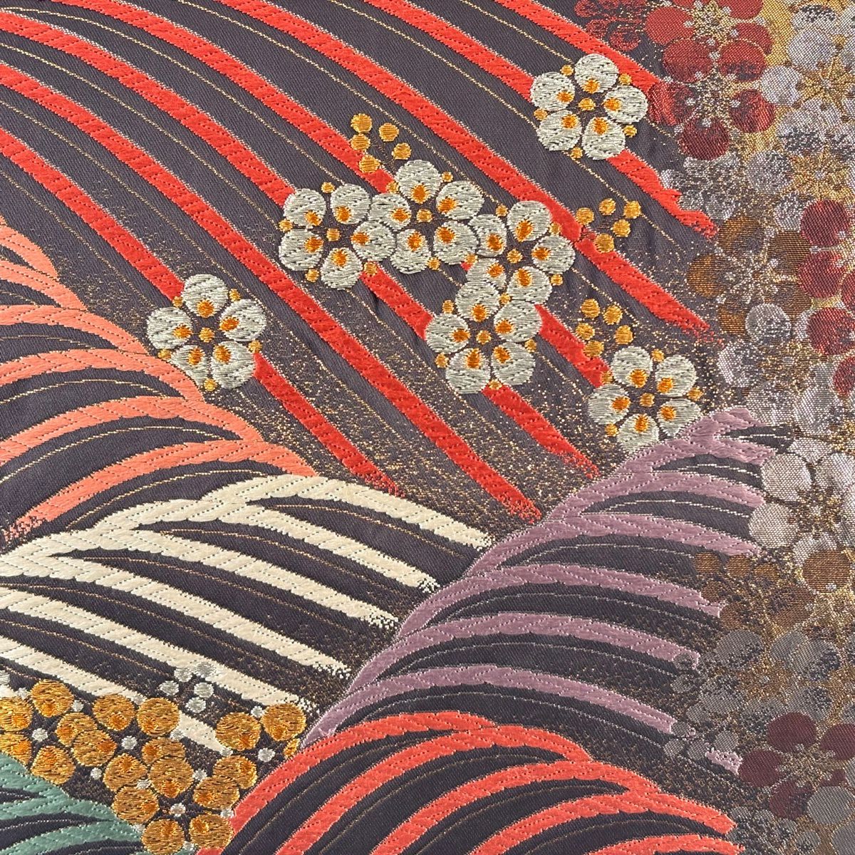 【美品】 袋帶 秀品級 振袖禮服禮服用 波 梅花 金銀絲 唐織 焦茶 六通 純蠶絲