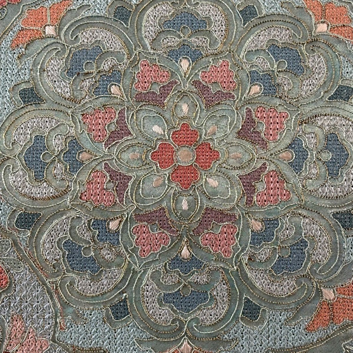 袋帶 秀品級 華紋 花唐草紋 刺繡 金金箔 青灰 純蠶絲