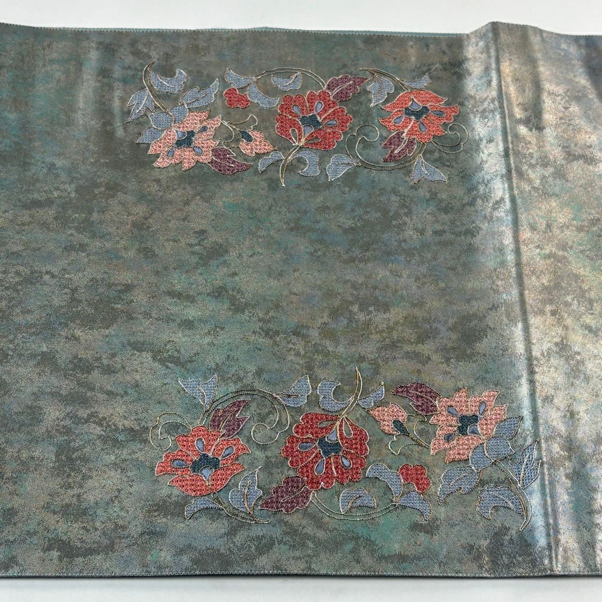 袋帶 秀品級 華紋 花唐草紋 刺繡 金金箔 青灰 純蠶絲