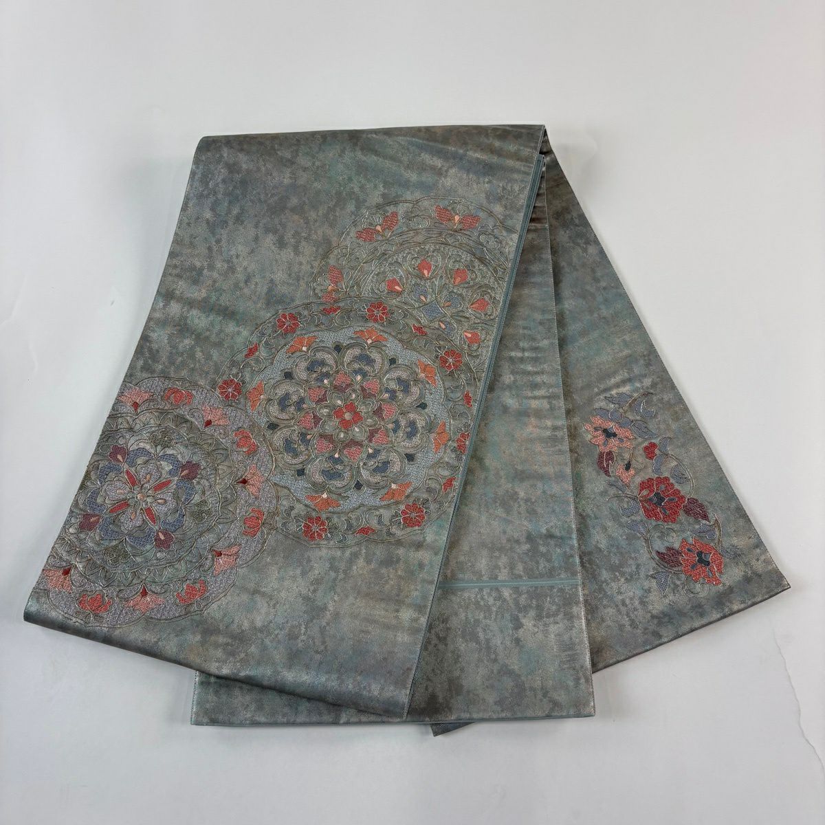 袋帶 秀品級 華紋 花唐草紋 刺繡 金金箔 青灰 純蠶絲