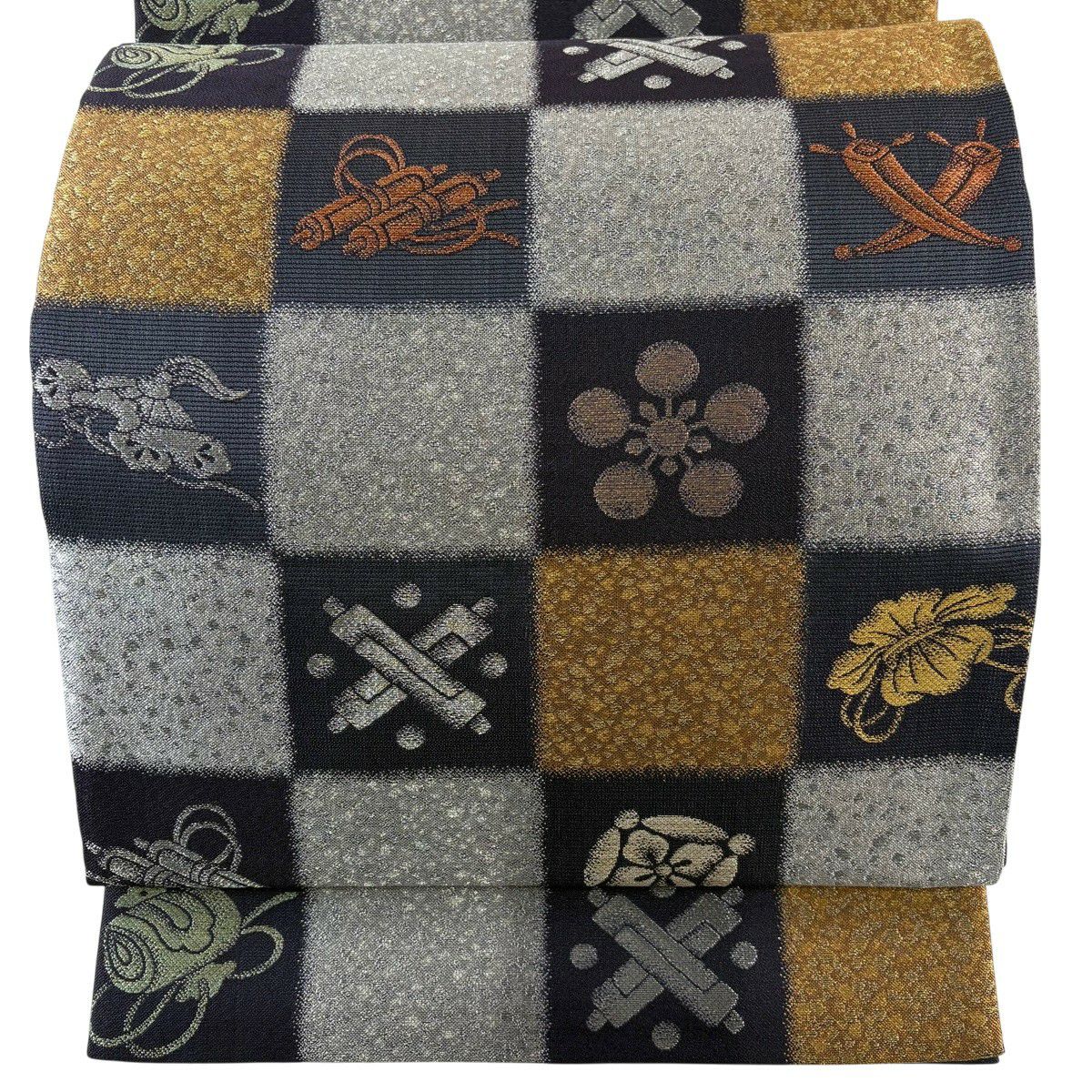 【美品】 袋帶 秀品級 紫野芳春院 加賀的風 寶盡くし 市松樹 金金箔 濃紫 六通 純蠶絲