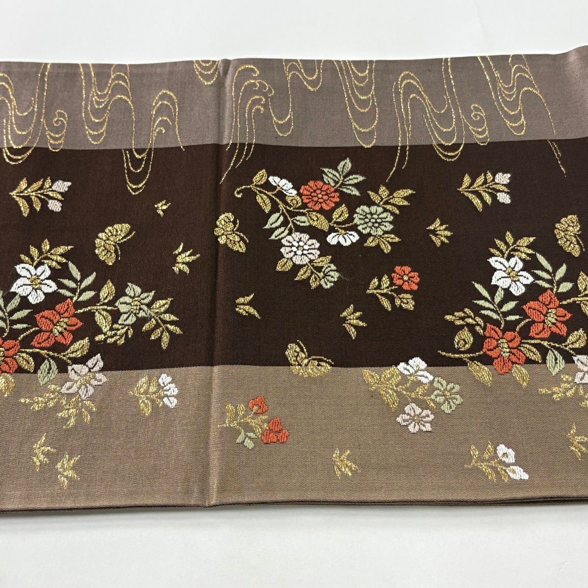 【美品】 袋帶 秀品級 草花紋 蝶 金金箔 唐織 焦茶 六通 純蠶絲
