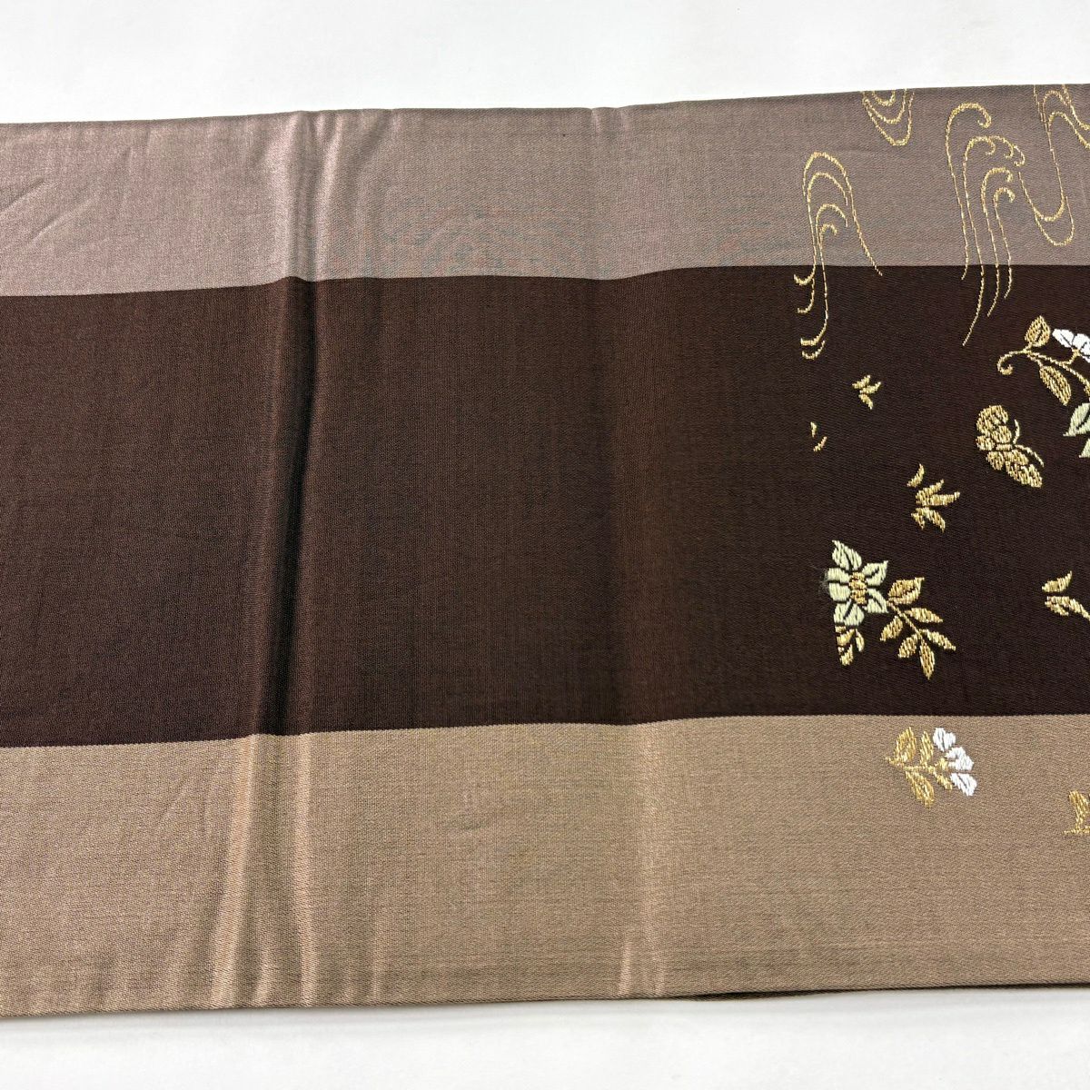 【美品】 袋帶 秀品級 草花紋 蝶 金金箔 唐織 焦茶 六通 純蠶絲