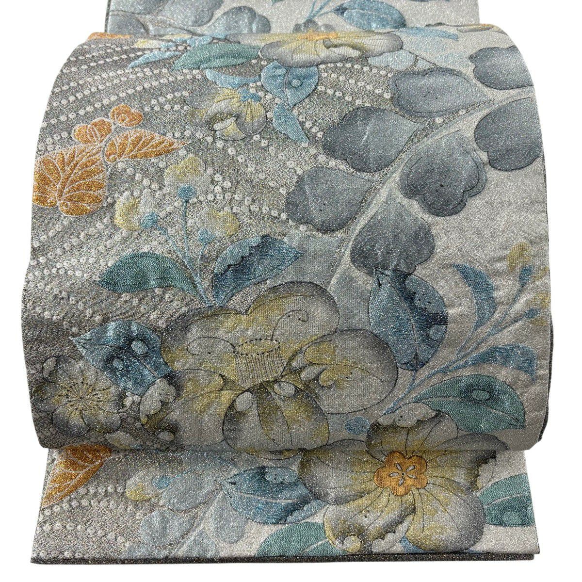 【美品】 袋帶 秀品級 辻花染圖案 波紋 金金箔 水藍色 六通 純蠶絲