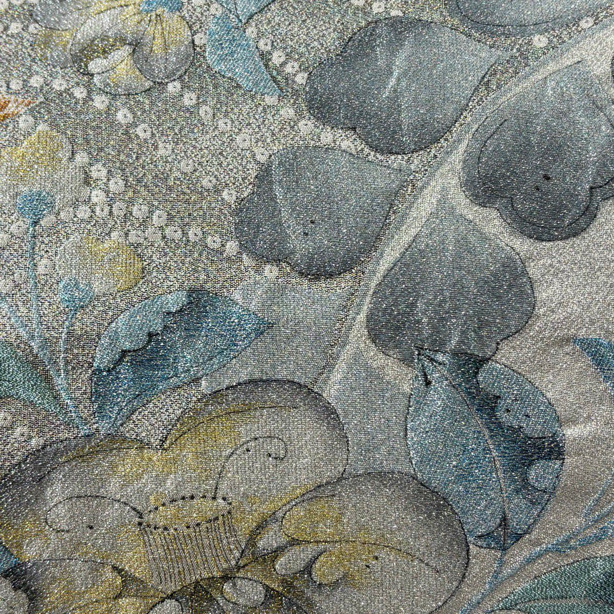 【美品】 袋帶 秀品級 辻花染圖案 波紋 金金箔 水藍色 六通 純蠶絲
