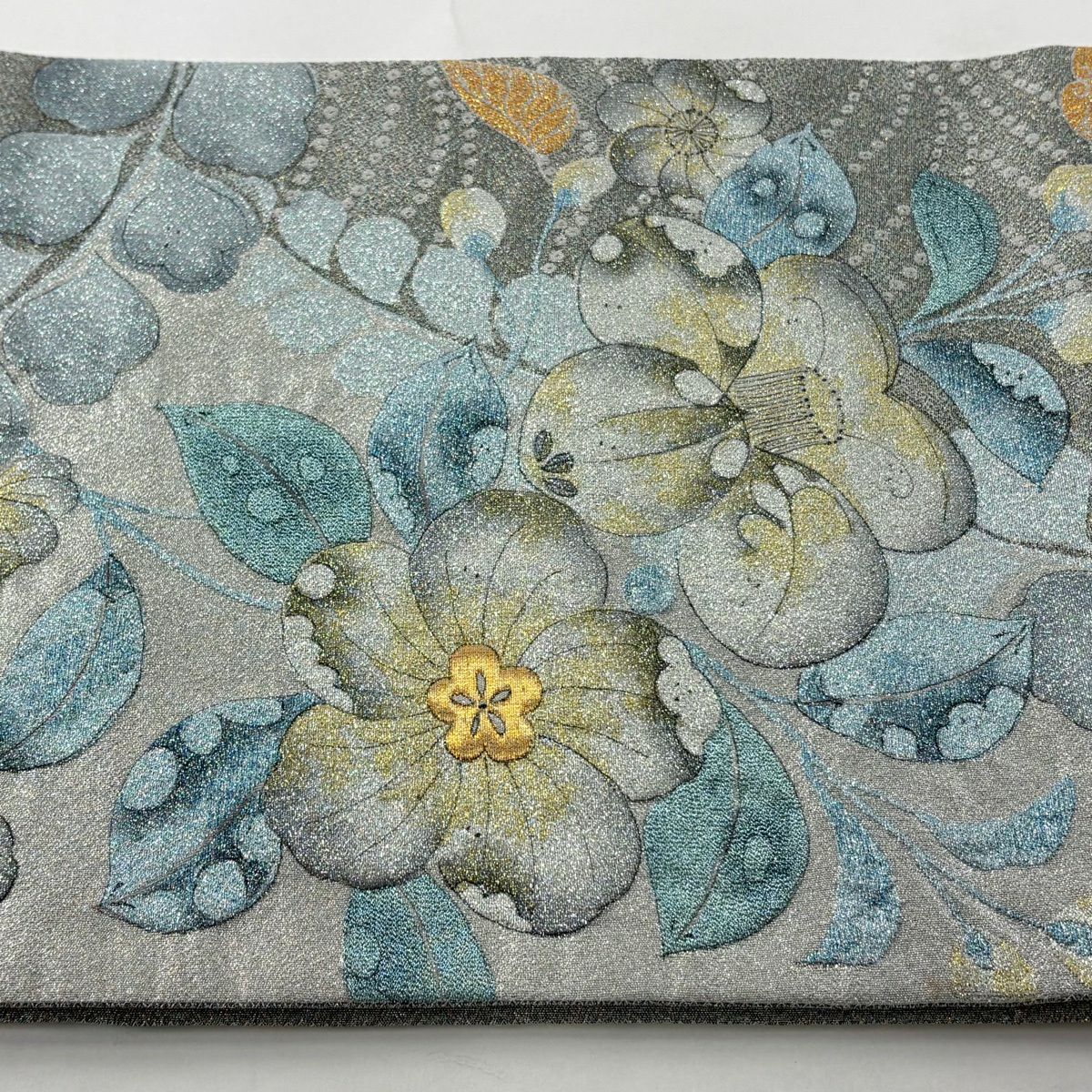 【美品】 袋帶 秀品級 辻花染圖案 波紋 金金箔 水藍色 六通 純蠶絲