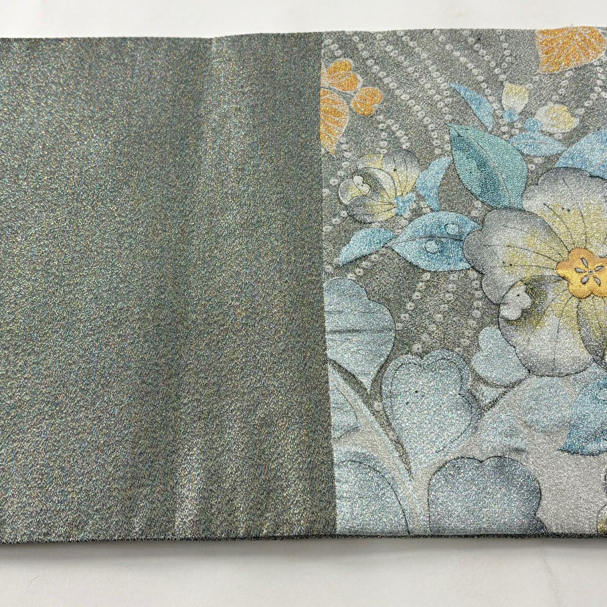 【美品】 袋帶 秀品級 辻花染圖案 波紋 金金箔 水藍色 六通 純蠶絲