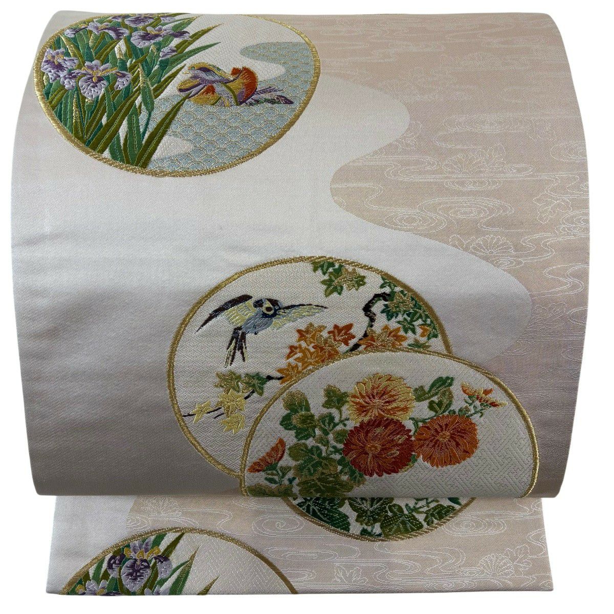 袋帶 秀品級 花鳥 圓文 金絲 刺繡 米色 六通 純蠶絲