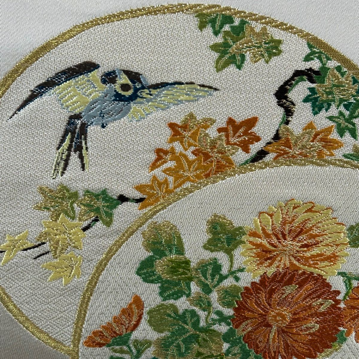 袋帶 秀品級 花鳥 圓文 金絲 刺繡 米色 六通 純蠶絲