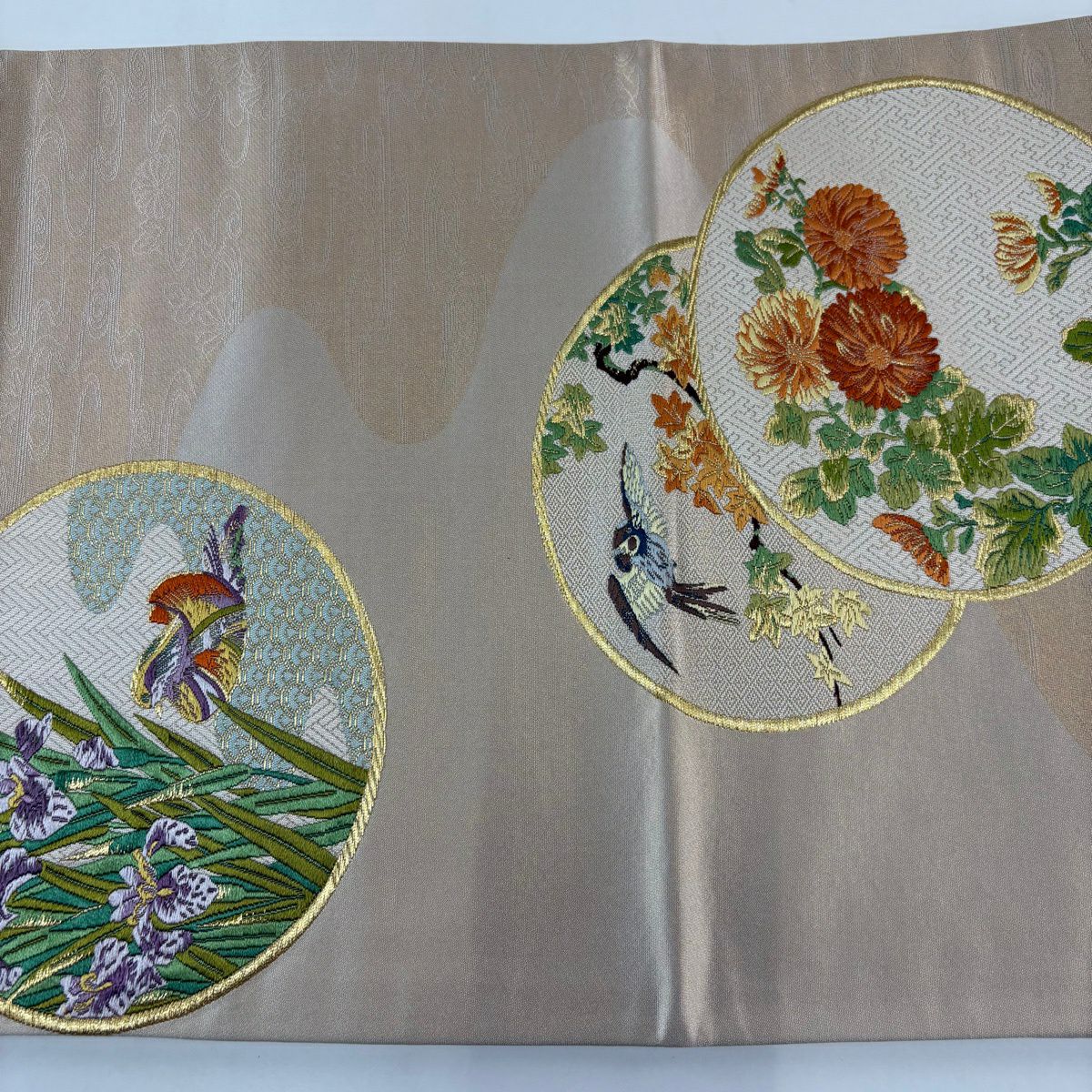袋帶 秀品級 花鳥 圓文 金絲 刺繡 米色 六通 純蠶絲