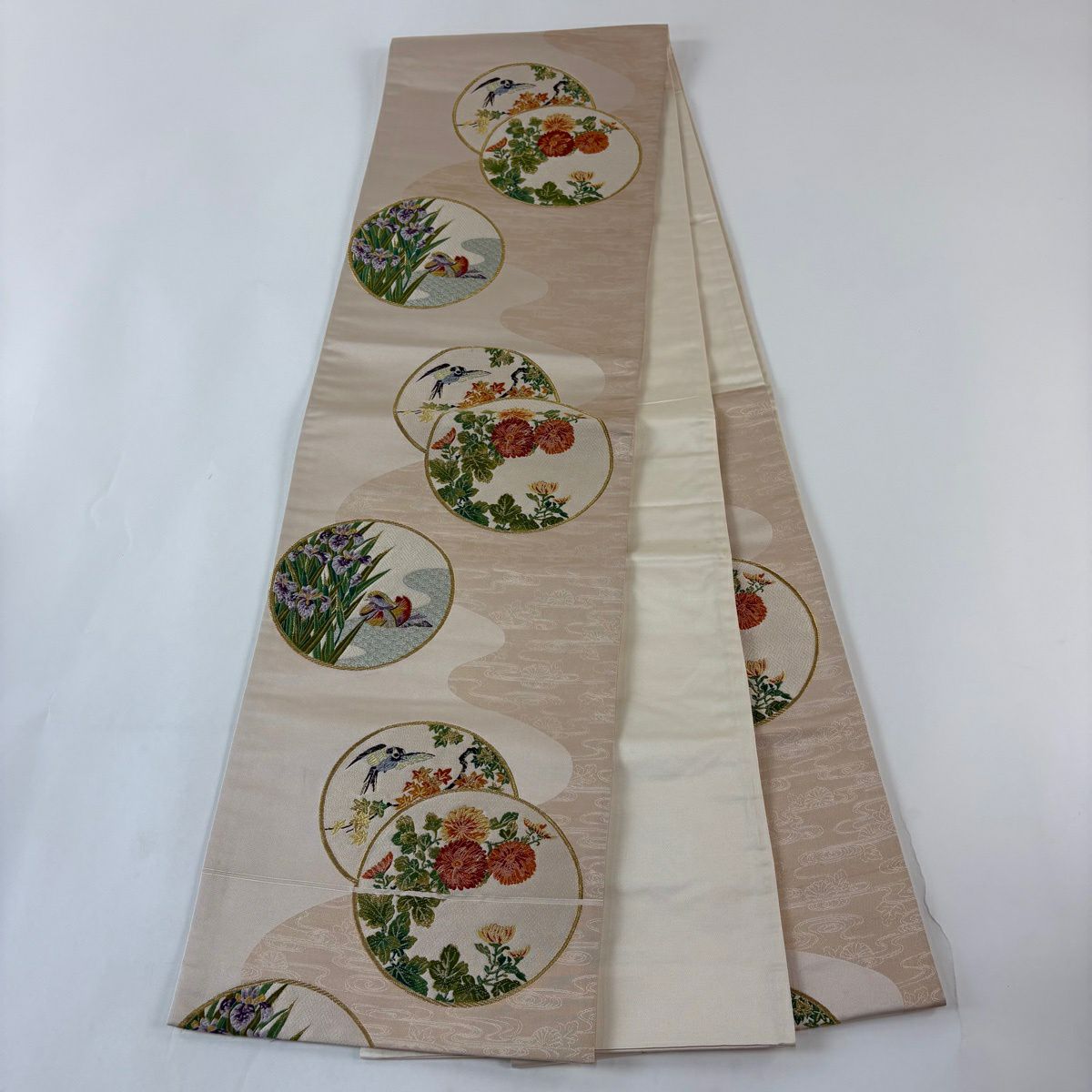 袋帶 秀品級 花鳥 圓文 金絲 刺繡 米色 六通 純蠶絲