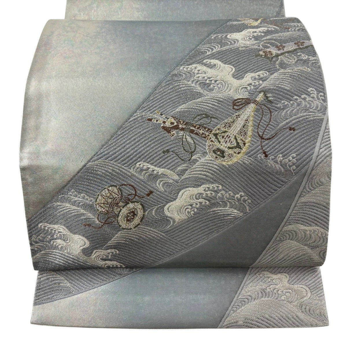 【美品】 袋帶 秀品級 雅樂波濤紋樣 金銀線 金金箔 青灰 深藍色 六通 純蠶絲