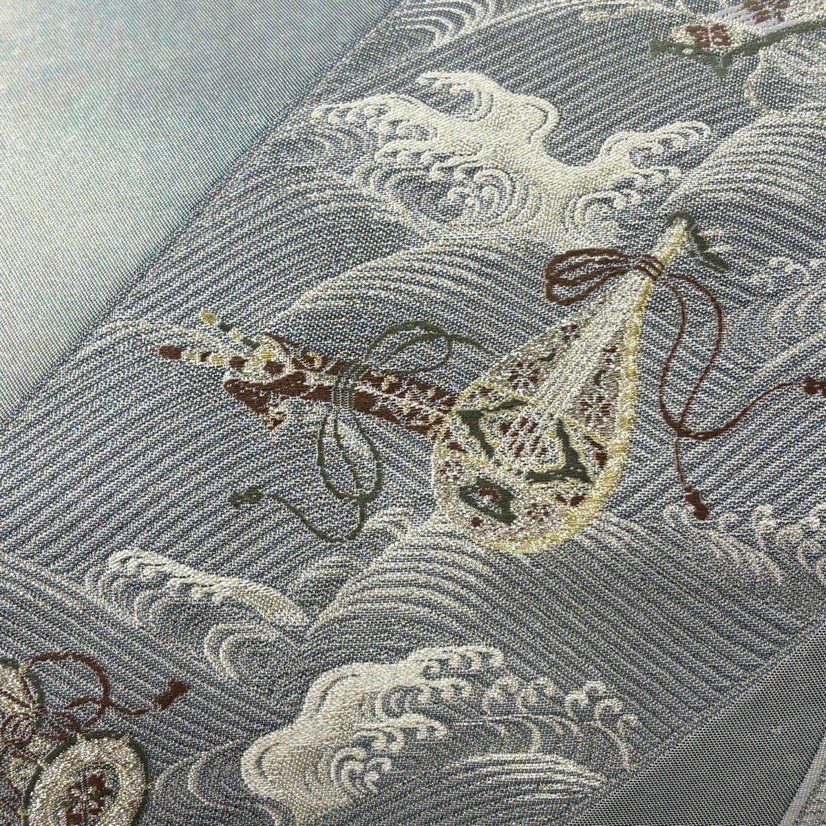 【美品】 袋帶 秀品級 雅樂波濤紋樣 金銀線 金金箔 青灰 深藍色 六通 純蠶絲