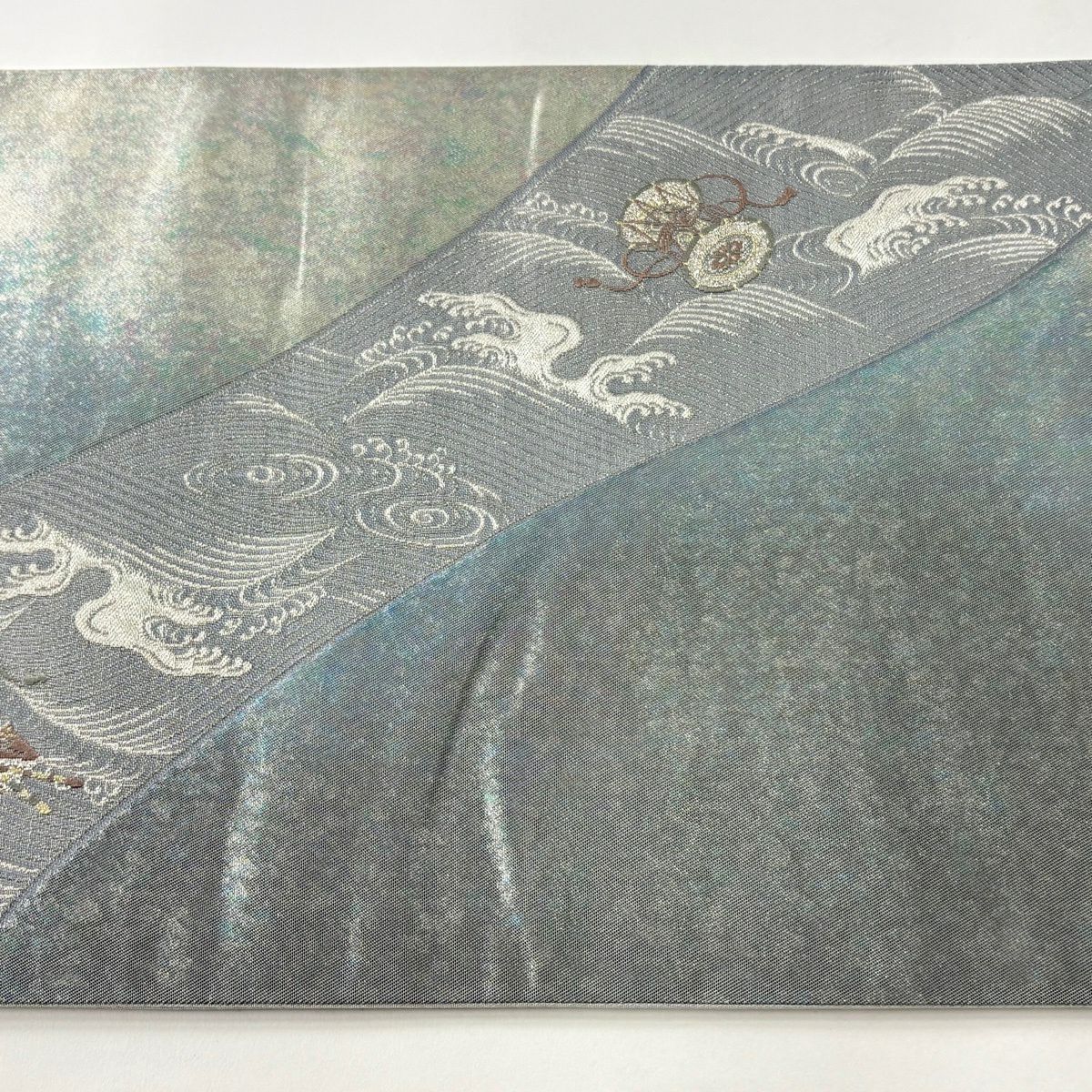 【美品】 袋帶 秀品級 雅樂波濤紋樣 金銀線 金金箔 青灰 深藍色 六通 純蠶絲