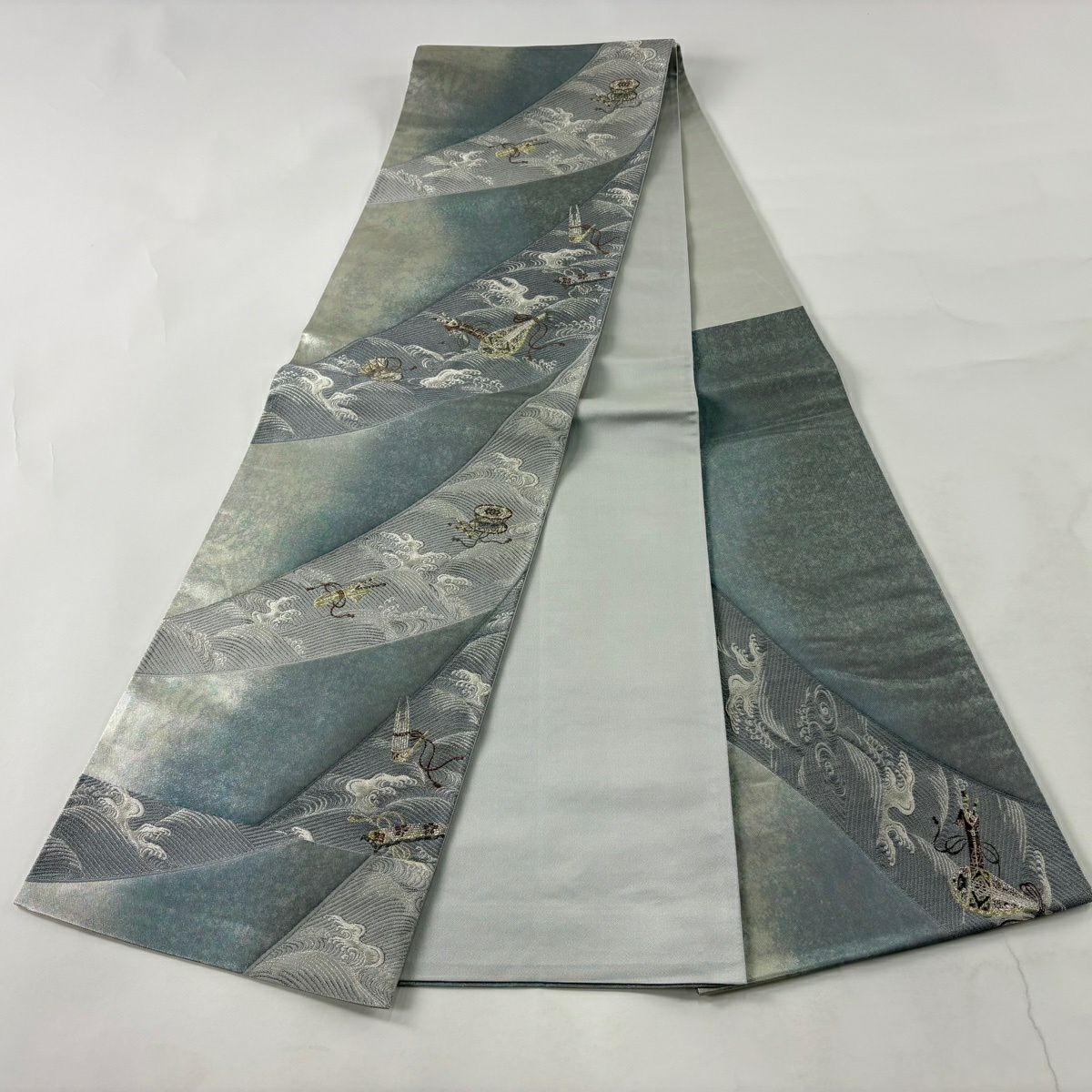 【美品】 袋帶 秀品級 雅樂波濤紋樣 金銀線 金金箔 青灰 深藍色 六通 純蠶絲