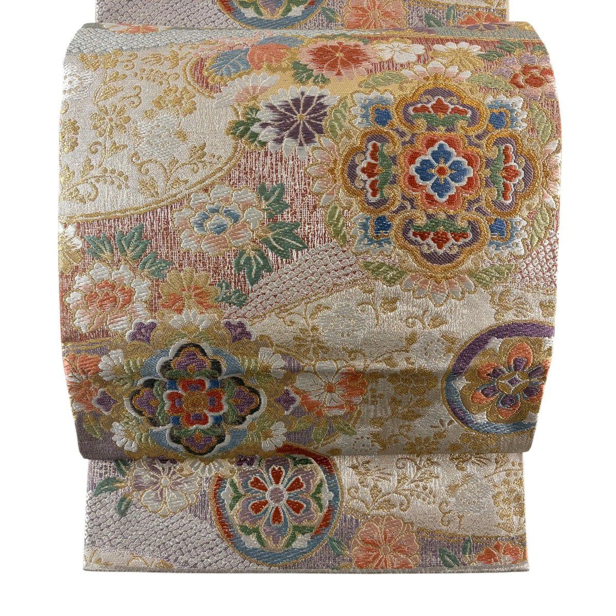 【美品】 袋帶 秀品級 關西仕立 華紋 草花紋 金銀彩 灰白 六通 純蠶絲