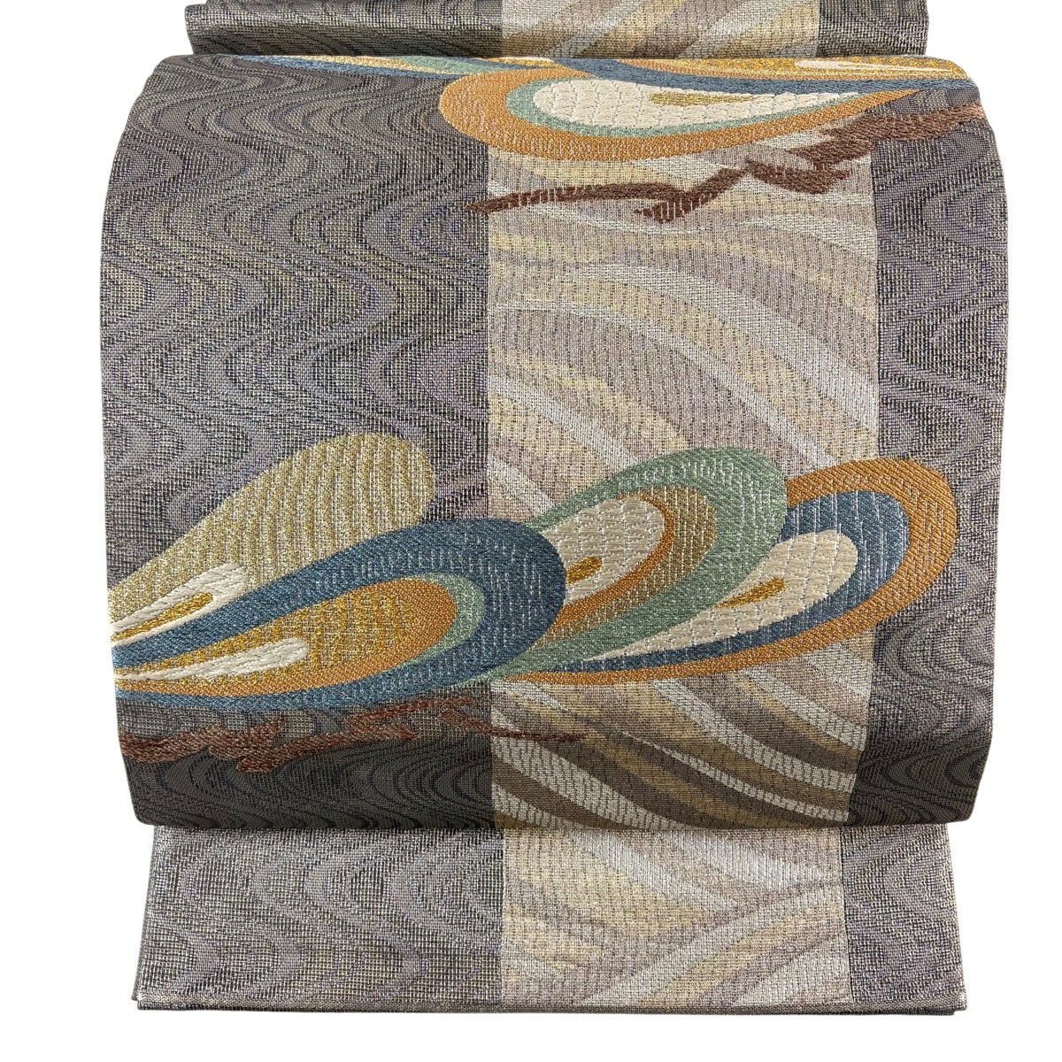 【美品】 袋帶 秀品級 笠松樹 波 金銀彩 金箔 灰 深藍 六通 純蠶絲