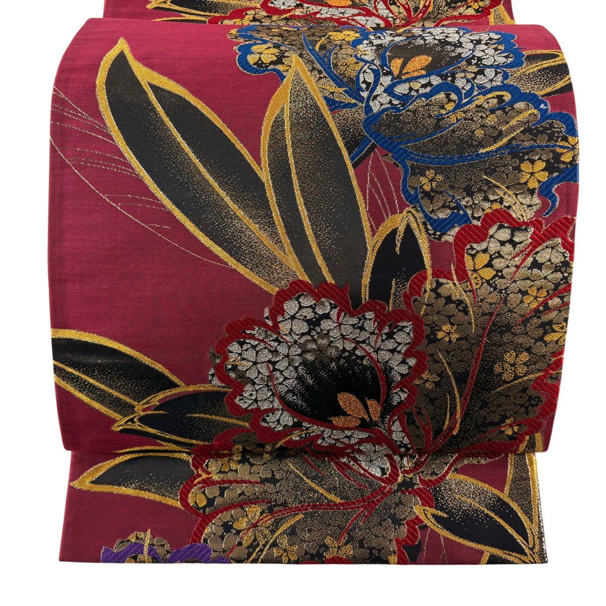 【美品】 袋帶 秀品級 振袖禮服禮服用 草花紋 金糸 金金箔 深紅色 六通 純蠶絲