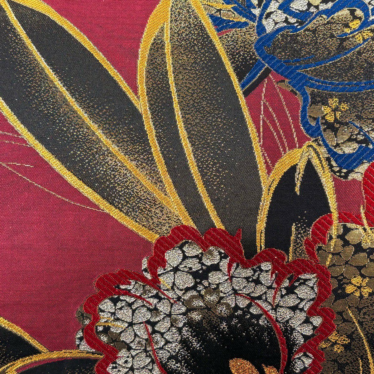 【美品】 袋帶 秀品級 振袖禮服禮服用 草花紋 金糸 金金箔 深紅色 六通 純蠶絲