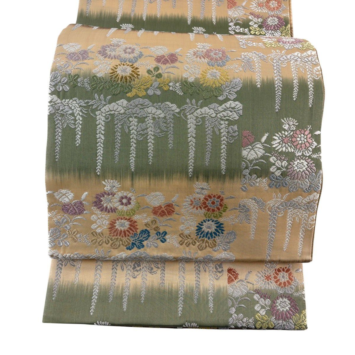 【美品】 袋帶 秀品級 草花紋紋 藤 金絲 米色 六通 純蠶絲