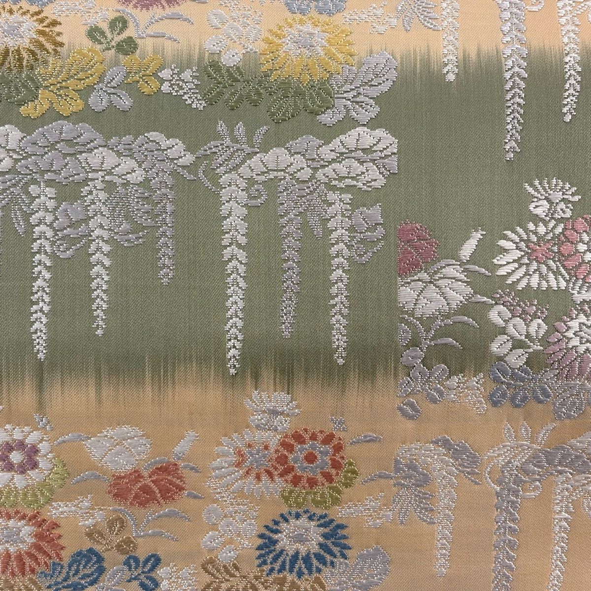 【美品】 袋帶 秀品級 草花紋紋 藤 金絲 米色 六通 純蠶絲