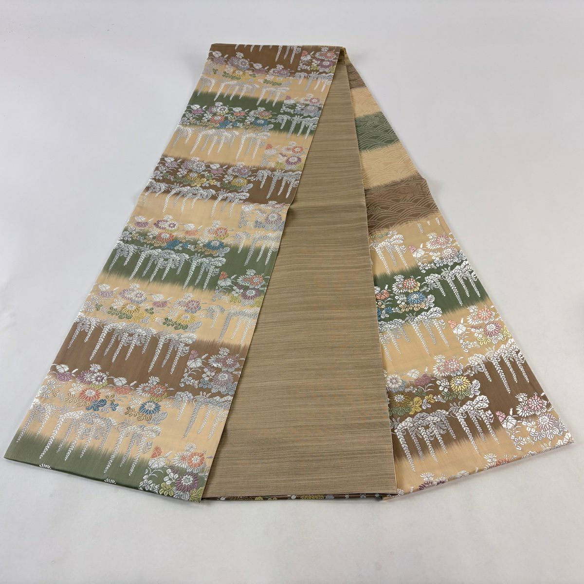 【美品】 袋帶 秀品級 草花紋紋 藤 金絲 米色 六通 純蠶絲