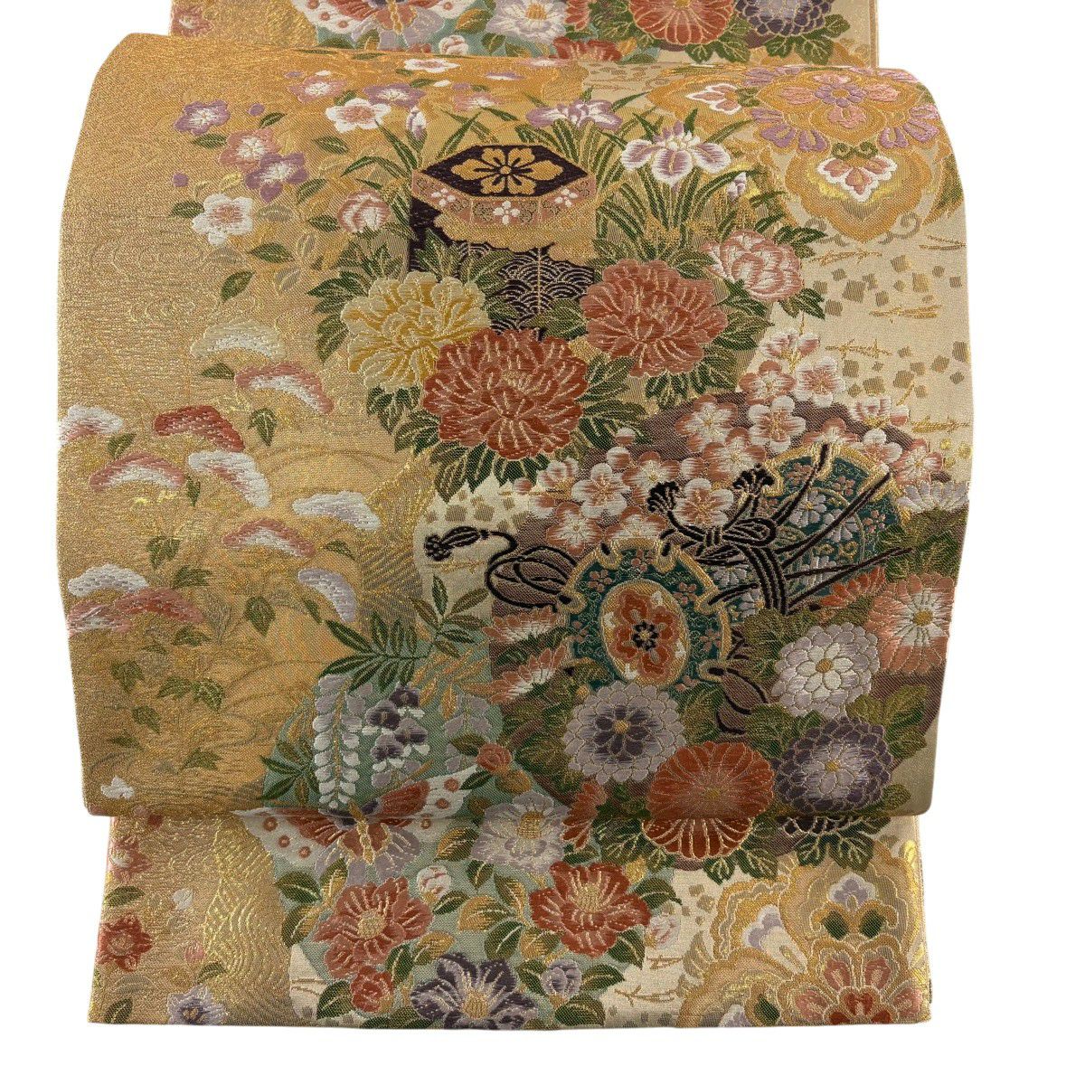 【美品】 袋帶 秀品級 瑞祥琳派 鼓 貝桶 金絲 金金箔 金色 六通 純蠶絲