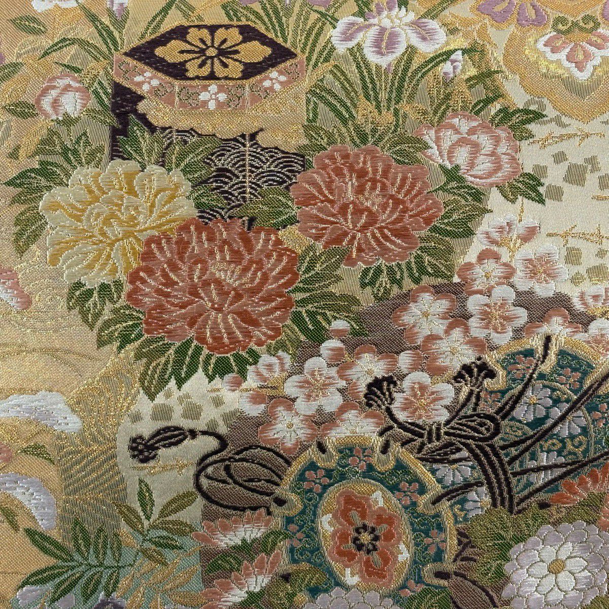 【美品】 袋帶 秀品級 瑞祥琳派 鼓 貝桶 金絲 金金箔 金色 六通 純蠶絲