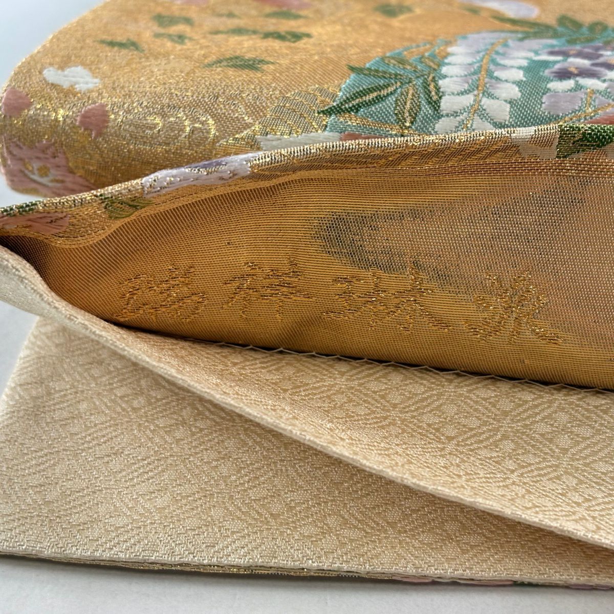 【美品】 袋帶 秀品級 瑞祥琳派 鼓 貝桶 金絲 金金箔 金色 六通 純蠶絲