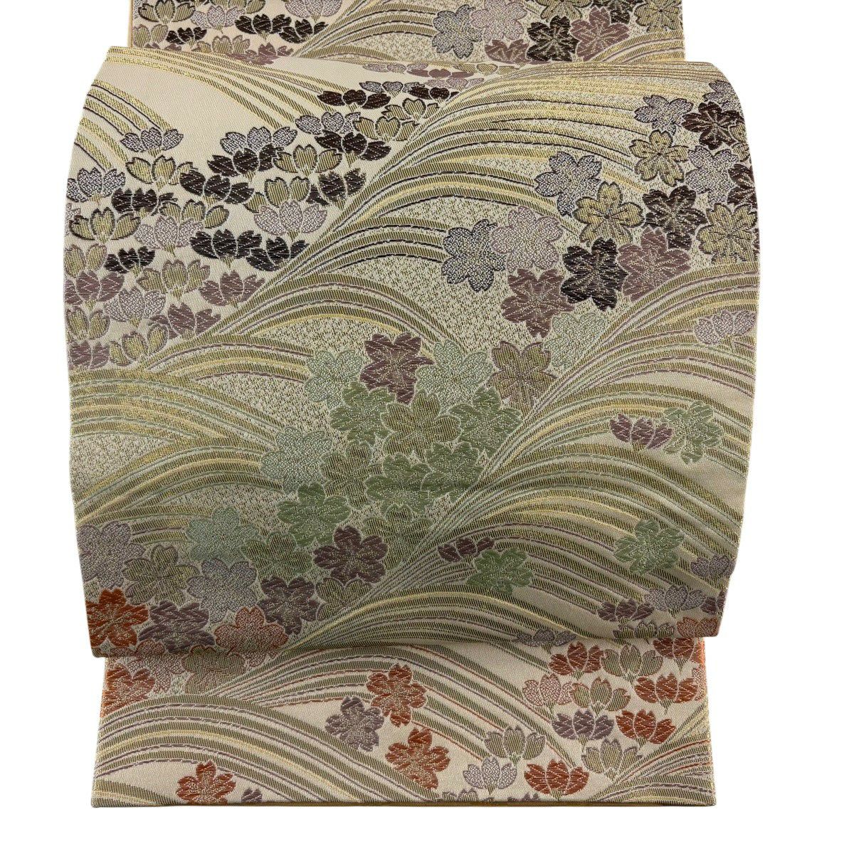 【美品】 袋帶 秀品級 樱花 波 金絲 唐織 米色 六通 純蠶絲