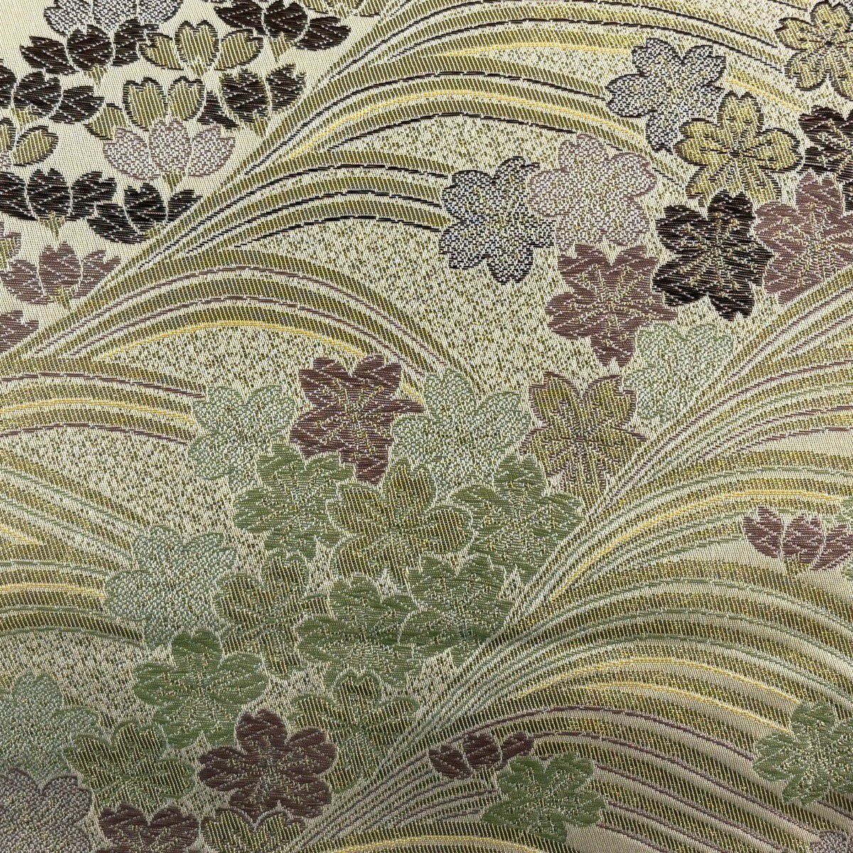 【美品】 袋帶 秀品級 樱花 波 金絲 唐織 米色 六通 純蠶絲