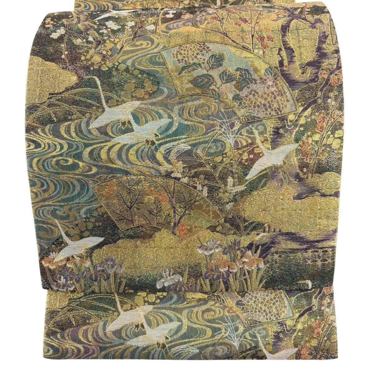 【美品】 袋帶 秀品級 色彩花鳥 扇子面 金絲 金金箔 金色 六通 純蠶絲